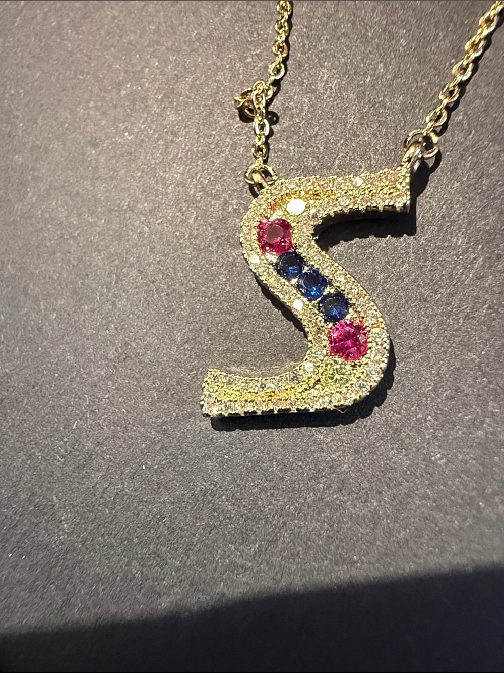 Gold Initial S Necklace with Multicolor Gem Accents